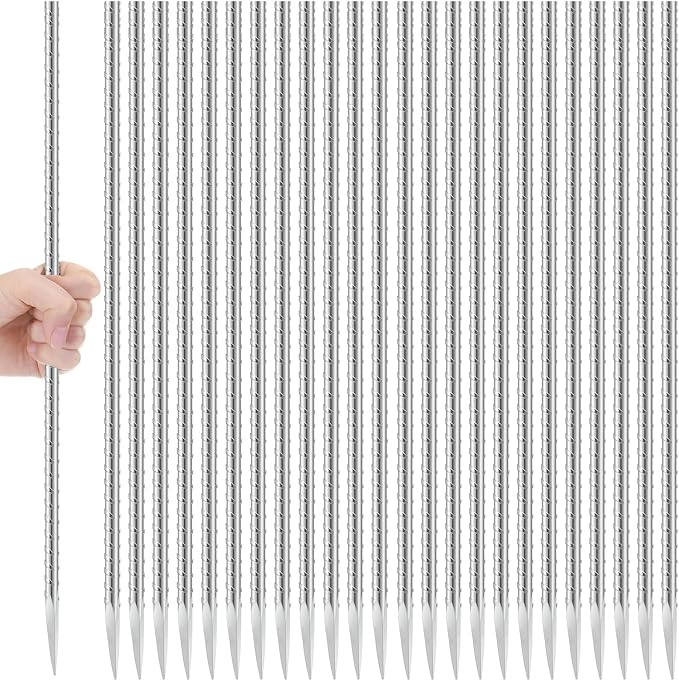 Gisafai 24 Pcs 24 Inch Ground Rebar Stakes Heavy Duty Ground Anchors Steel Plant Support Garden Stake Long Straight Metal Spikes with Chisel Point End for Concrete Timber Garden Plant Tent