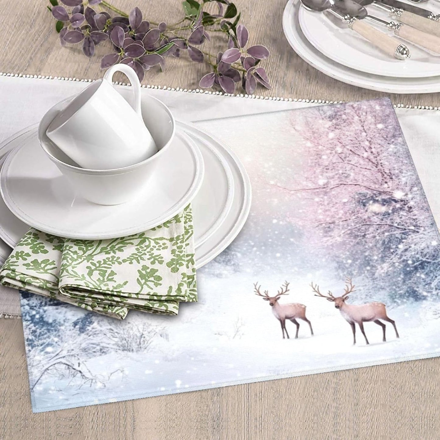 Dish Drying Mat for Kitchen Winter Deer Forest Christmas Counter Absorbent Dishes Drainer Microfiber Small 16x18 Inch