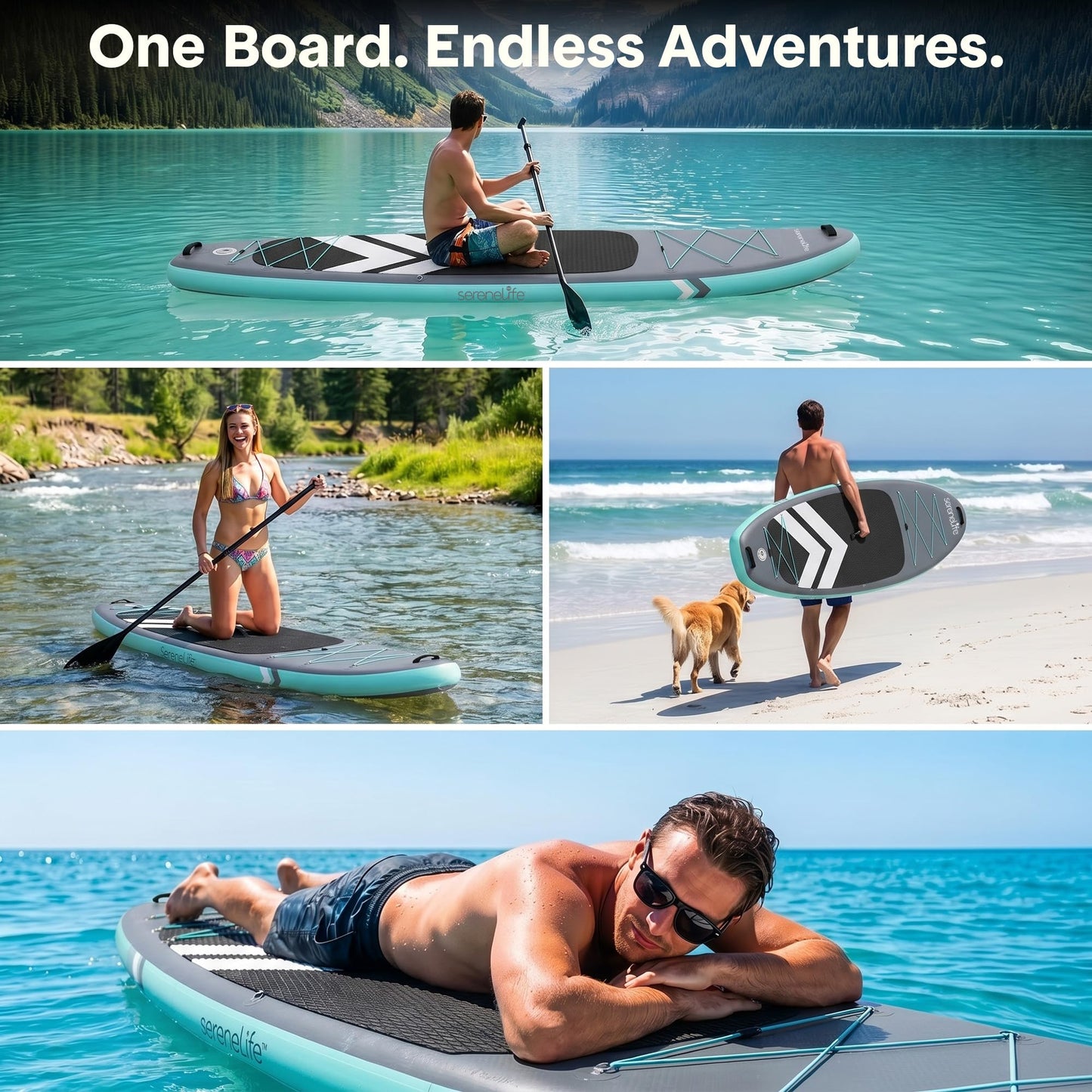 SereneLife 10’ Inflatable Stand Up Paddle Board with Premium SUP Accessories - 33” Wide Stable Design with Non-Slip EVA Deck Pad for Youth and Adults, 350 lbs. Capacity