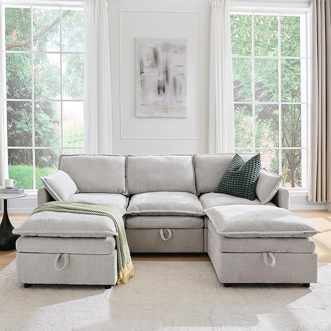 85.83" Sectional Couches for Living Room, Cloud Couch Sectional with Large Storage Ottoman, U-Shape Modular Sectional Sofa with 5 Seater Chenille Sofa and Pillow for Apartment, Bedroom, Light Gery