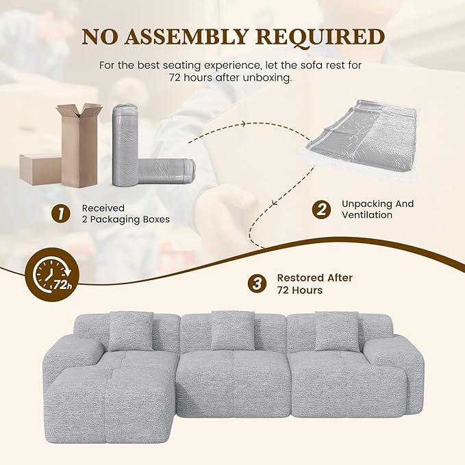 122" L Shaped Convertible Modular Couch, Cloud Couch Sectional with Ottoman, 4-Seater Chenille Boneless Couches for Living Room, Apartment, No Assembly, Light Grey 1PCS
