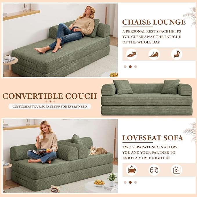 77" Convertible Sofa Bed, Modular Folding Futon Corduroy Floor Foam Compressed Loveseat Sleeper Sofa Couch, Pull Out Queen Size Couch Bed with 2 Pillows for Living Room Guest Room Studio, Light Green