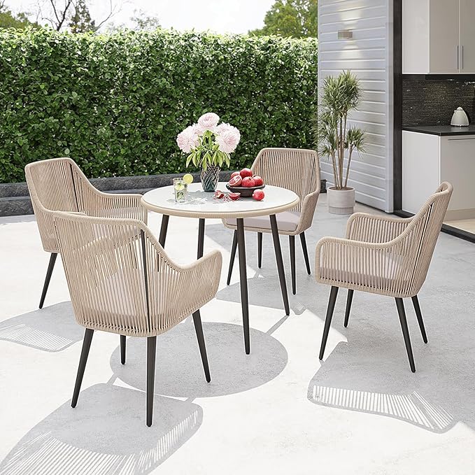 Patiorama Outdoor Dining Chairs, Patio Dining Chair Set of 6, All-Weather Woven Rope Rattan Chairs, Outdoor Dining Wicker Chairs with Armrests for Indoor Balcony Pool Backyard(Tan)