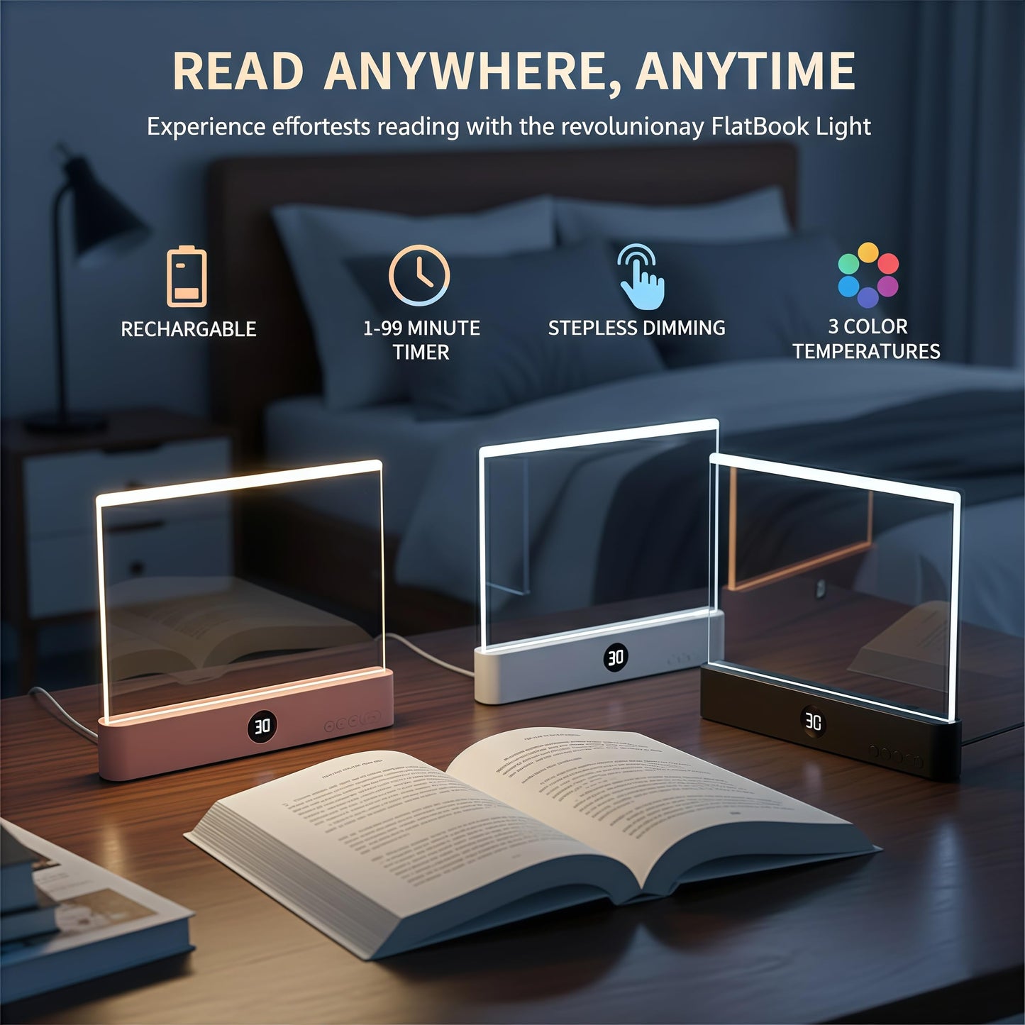 2026 Upgraded Book Light, Rechargeable Clear LED Flat Book Lights for Reading in Bed at Night with 3 Colors & Timer, Dimmable Panel Plate Book Lamp Full Page Light, Bookish Gifts for Book Lovers