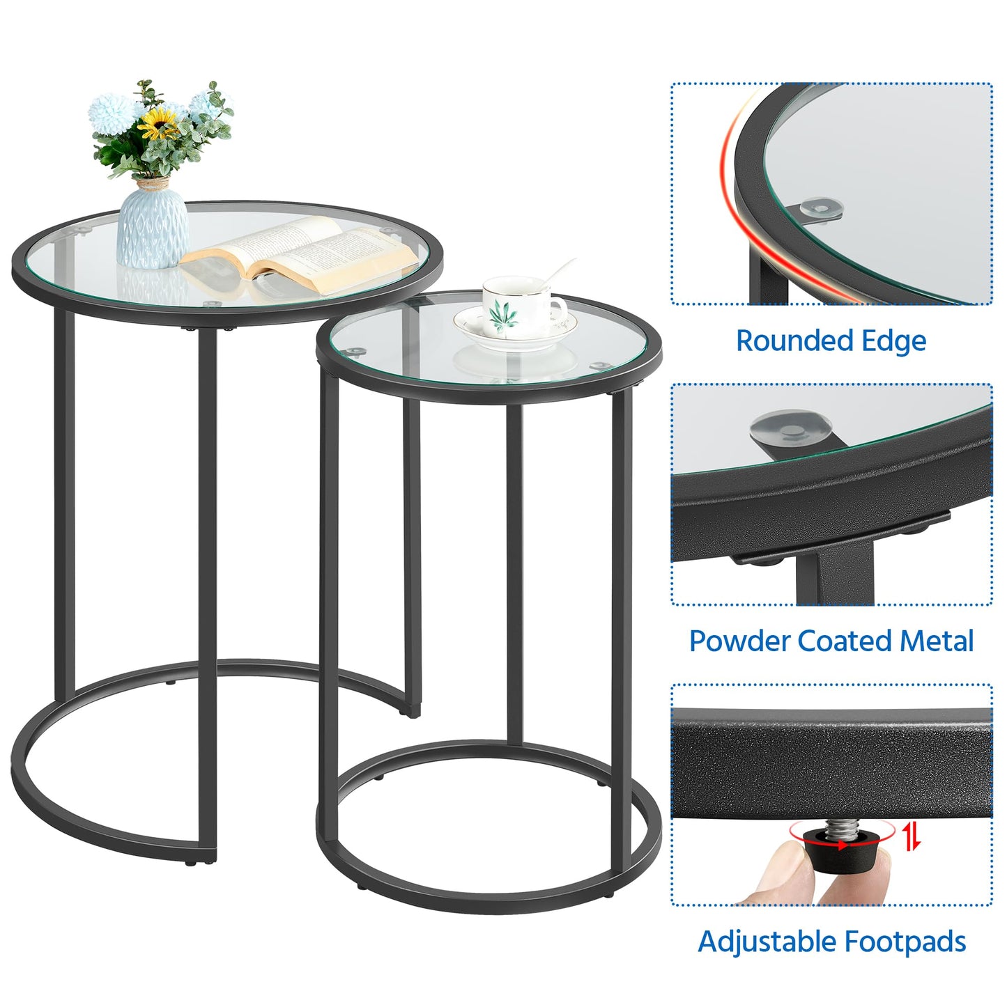Yaheetech Round Nesting End Table Set of 2,Stacking Side Tables,Coffee Tables Set w/Metal Frame & Glass Top & Protective Foot Pads for Small Space, Living Room, Office- Black