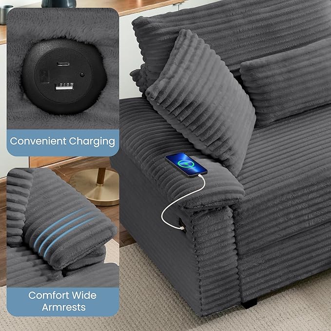 SUNWAVE 74" W Double Chaise Lounge Chair Indoor, Oversized Loveseat with Storage Ottoman, Corduroy Couch with USB Charging, Removable Ottoman, and Coffee Table Cushions for Living Room Bedroom
