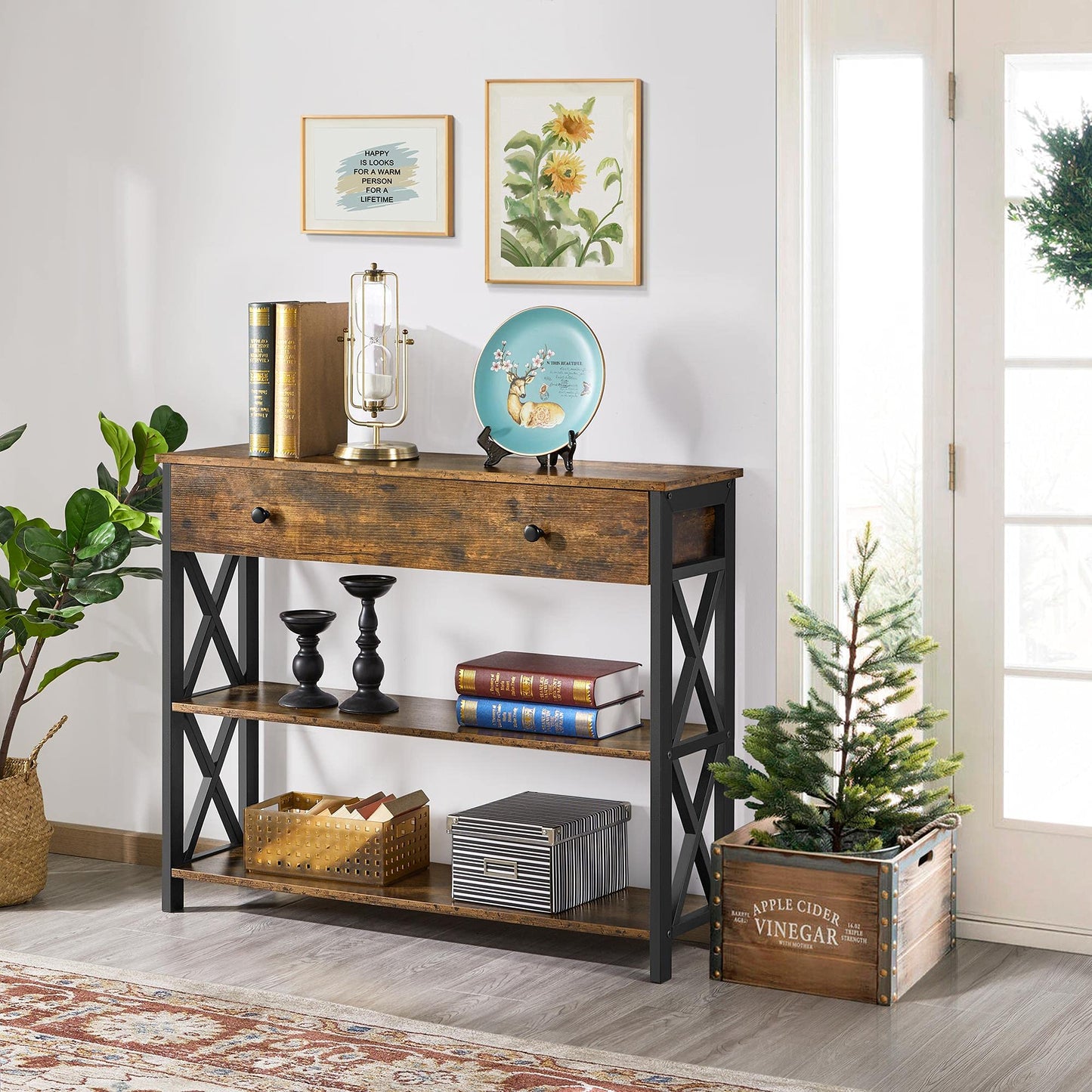 Yaheetech Console Table with Drawer, Entryway Table with 3 Tier Storage Shelves, Narrow Long Sofa Tables for Entryway, Living Room, Hallway, Couch, Kitchen, Metal Frame, Rustic Brown
