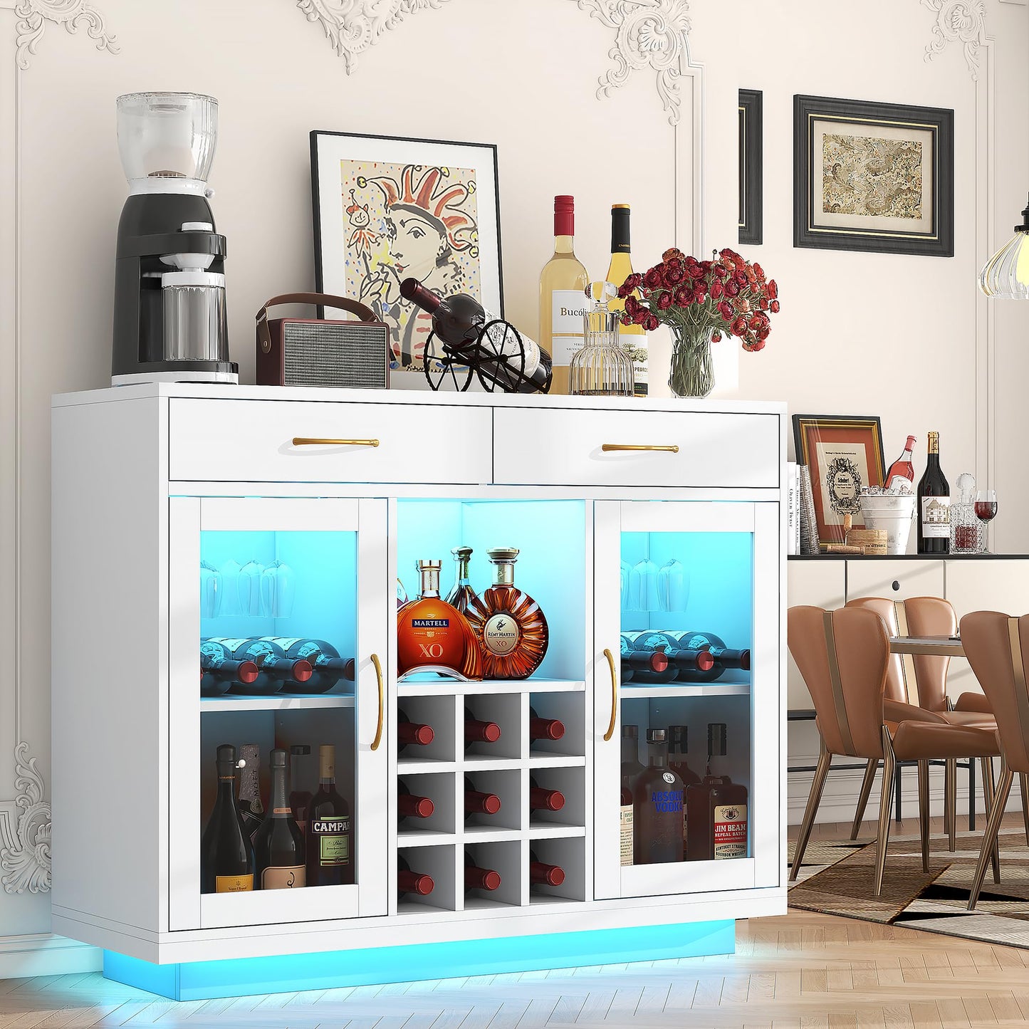 knoworld Wine Bar Cabinet with LED Lights, Liquor Cabinet with Wine and Glass Rack, Wine Cabinet Coffee Bar Cabinets, Kitchen Buffet Sideboard with Storage for Living Room, Dining Room