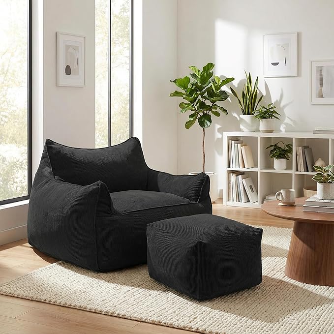 YOURLITE Bean Bag Chair for Adults with Footrest, High-Resilience Foam Filled Bean Bag Sofa with Armrests and Backrest, Comfy Corduroy Floor Sofa for Living Room, Bedroom or Balcony (Dark Grey)