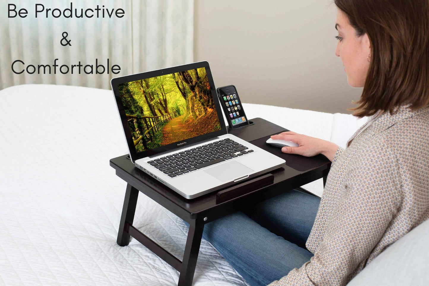 Sofia + Sam Laptop Bed Tray w/Storage Drawer| Adjustable Folding Legs & Mouse Pad | Portable Computer Desk - Laptops Up to 15" - Tablet Up to 9.6" | WFH, Wooden Study Table - Couch & Bed | Espresso