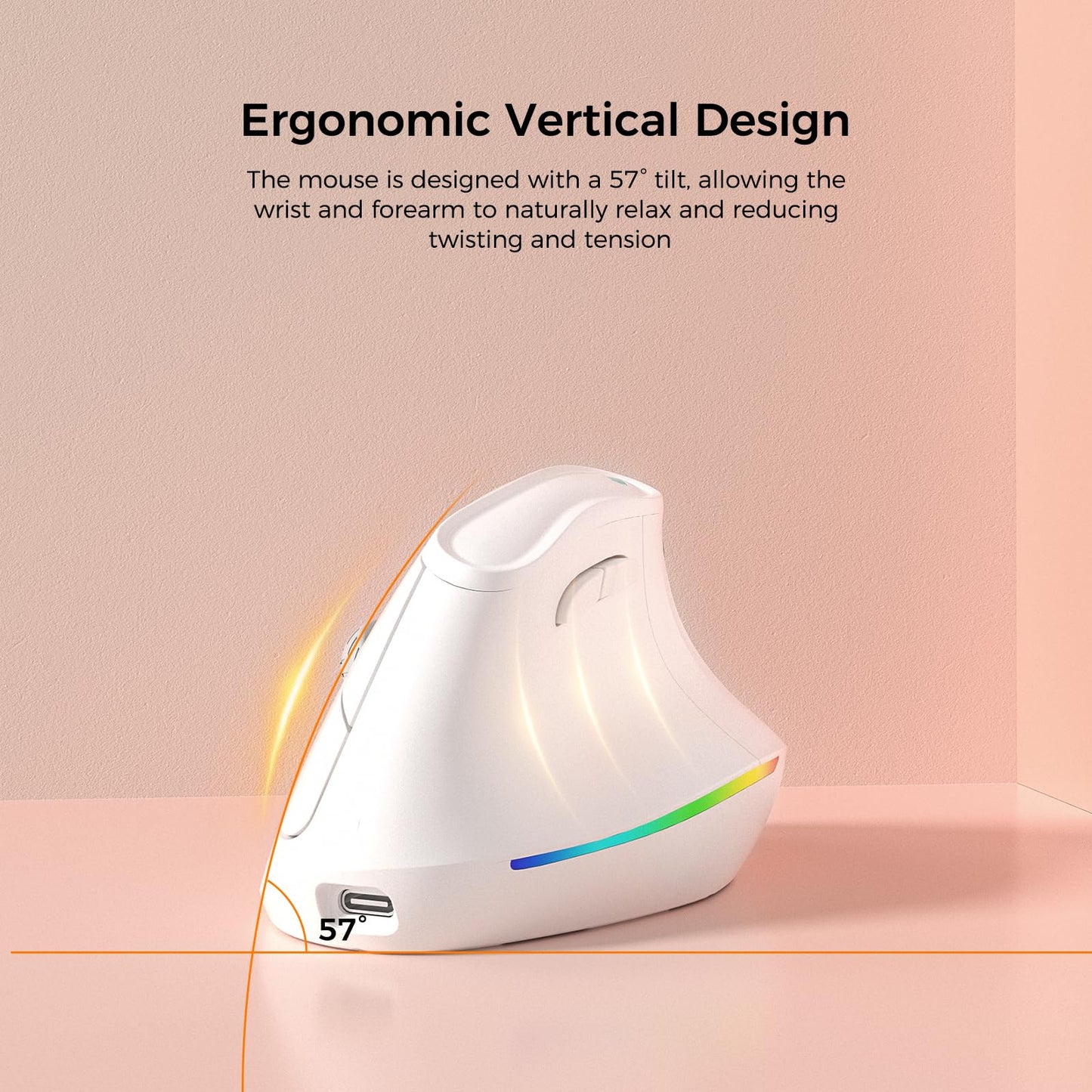 57 Wireless Ergonomic Mouse, Vertical Mouse, Carpal Tunnel Mouse, Rgb Light, Rechargeable, Bluetooth & 2.4G, 5-Level Dpi Adjustm