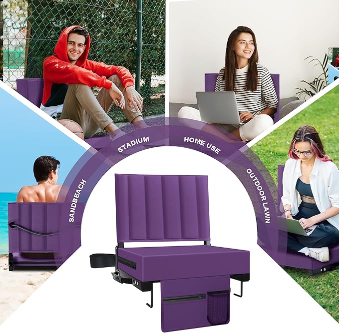 Aliphon Stadium Seat for Bleachers with Back Support and Cushion, Bleacher Seats with Shoulder Strap and Cup Holder, Padded Portable Folding Comfort Stadium Chair, for Sports Events, Purple(1pcs)