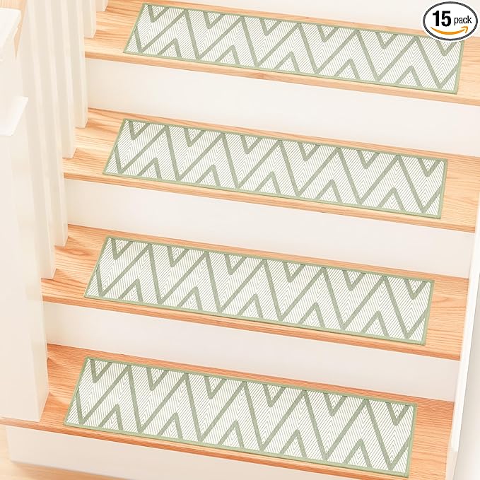 MBIGM 8" X 30" (15 in Pack) Non-Slip Carpet Stair Treads Non-Skid Safety Rug Slip Resistant Indoor Runner for Kids Elders & Pets with Reusable Adhesive - Ripple Green