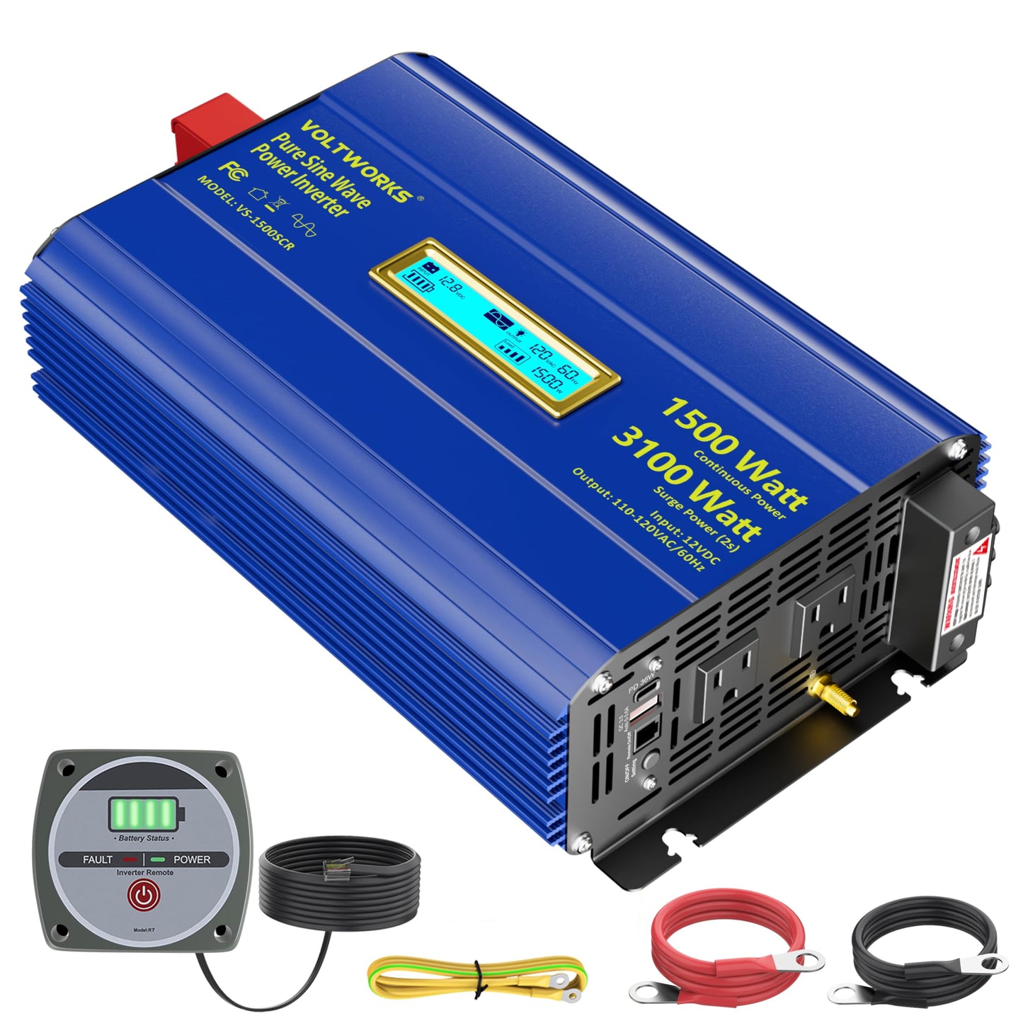 Pure Sine Wave Inverter 1500 Watt 12V To 110V 120V Ac Surge Peak 3100W For 2 Seconds Power Inverter Built-In Ul Fuse Pd36W Usb-C