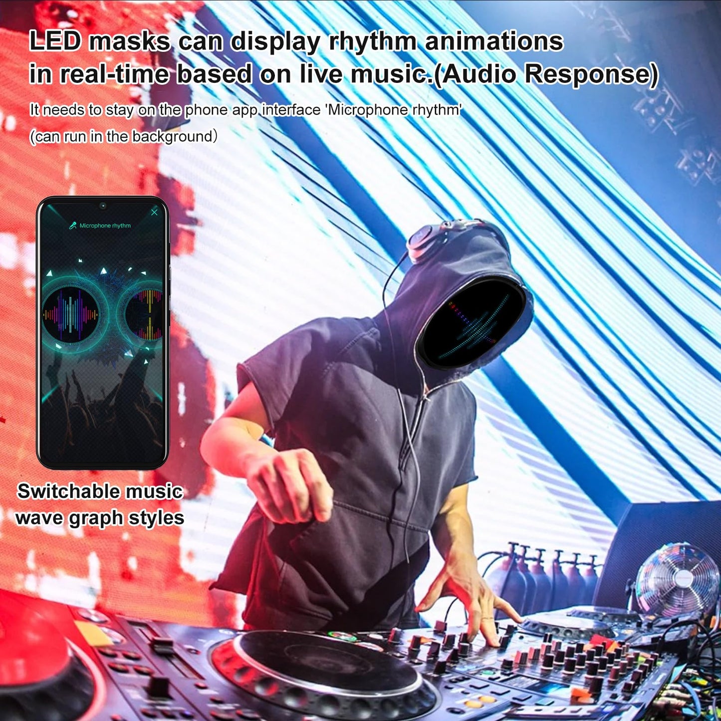 Ouvibyaz LED Mask with Bluetooth Programmable App,Gesture Sensing,Audio Interaction,USB Rechargeable Glowing LED Mask for Adults and Kids Halloween Mask