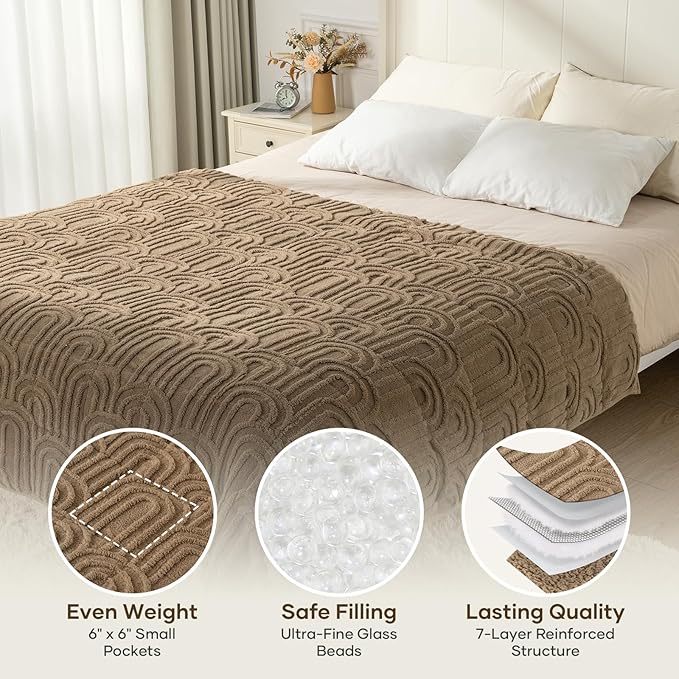 Cottonblue Weighted Blanket for Adults 15 lbs Twin Size, Cozy Fluffy Sherpa Fleece Jacquard Weighted Throw Blankets 48" x 72" for Sleep Relax, Fuzzy Warm Arch Heavy Blanket Soft for Bed Couch, Khaki