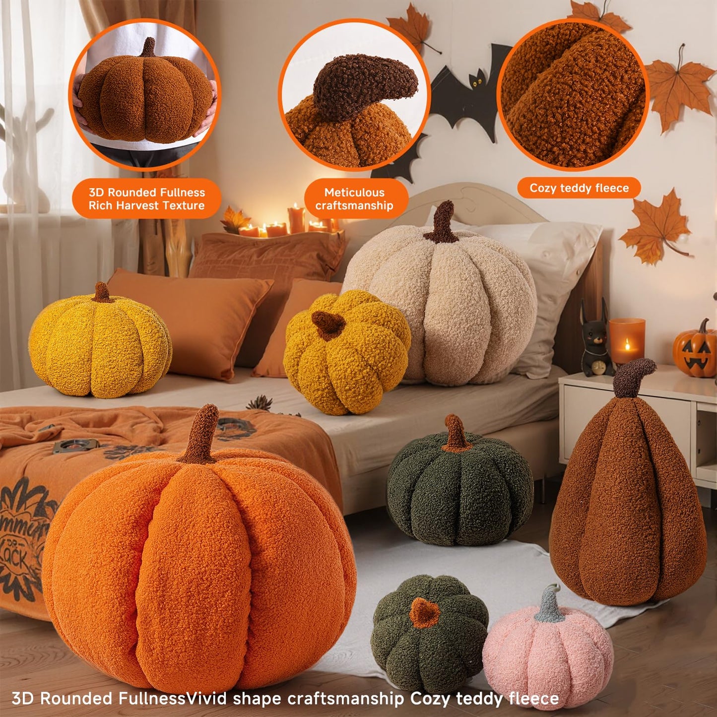 Lanpn Fall Pumpkin Pillows Set of 2, Halloween Decoration Plush Throw Pillows Soft Fleece Sherpa Cute 3D Shaped Cushion for Sofa Couch Bedroom Autumn Thanksgiving (Orange, 12.6x8.7in & 9x5.9in)