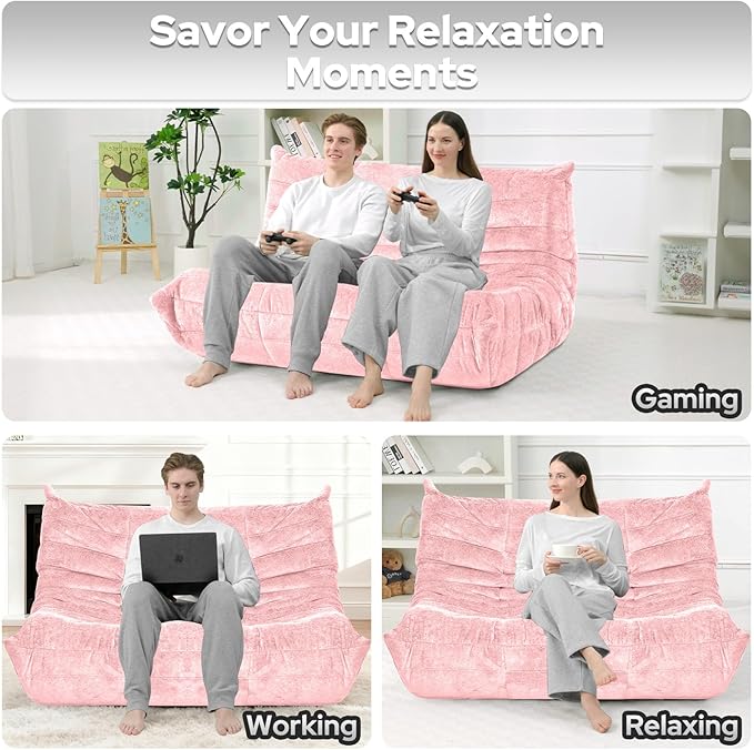 HABUTWAY Bean Bag Chair, Giant Bean Bag Chairs for Adults, Loveseat Fireside Chair, 2 Seater Lazy Bean Bag Sofa Memory Foam Couch for Living Room, Bedroom, Office (Pink)