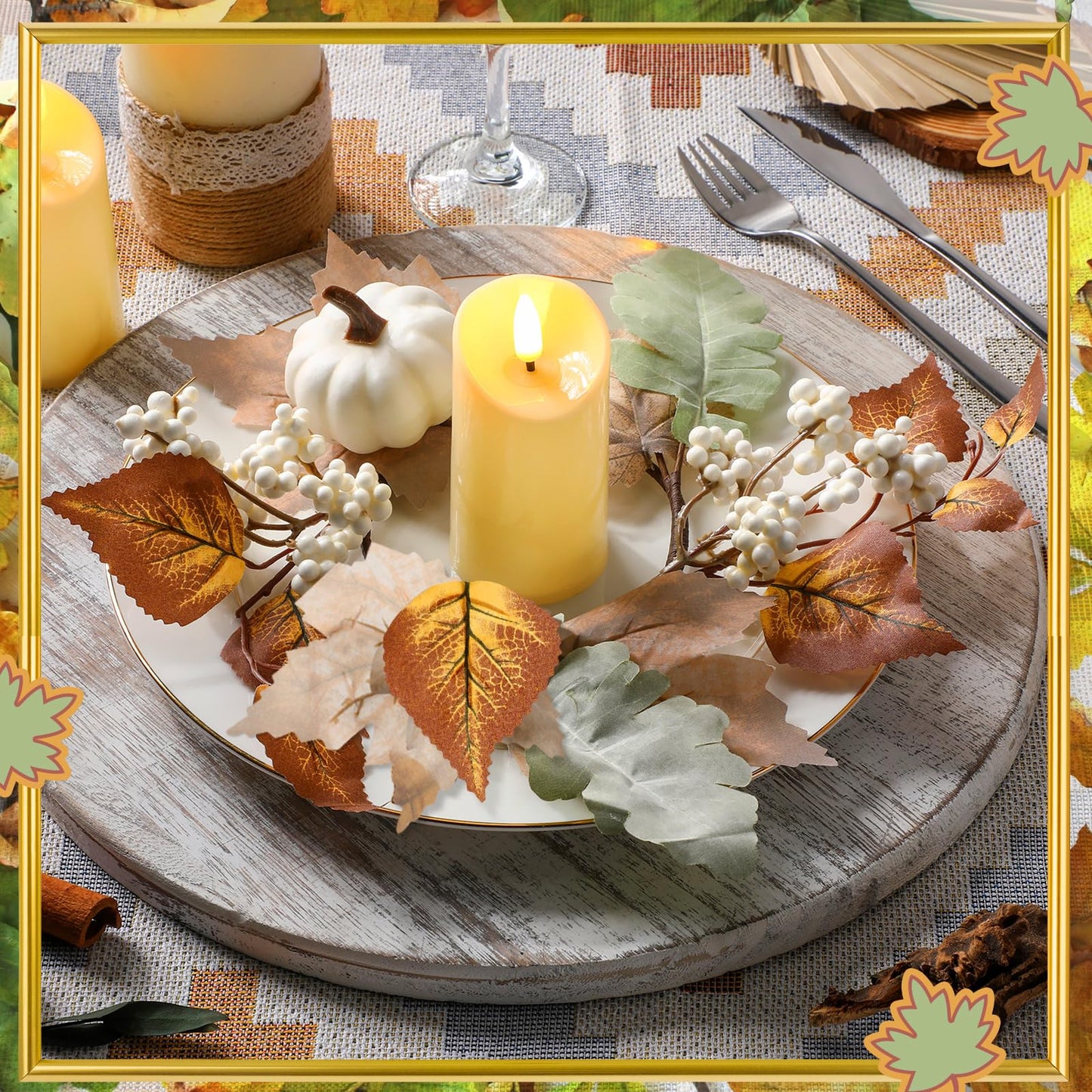 4 Pieces Fall Candle Rings Wreaths Neutral Fall Decor Artificial Pumpkin Maple Leaf Candle Garland Thanksgiving Berry Candle Rings for Autumn Farmhouse Harvest Wedding Parties Centerpieces for a Cozy