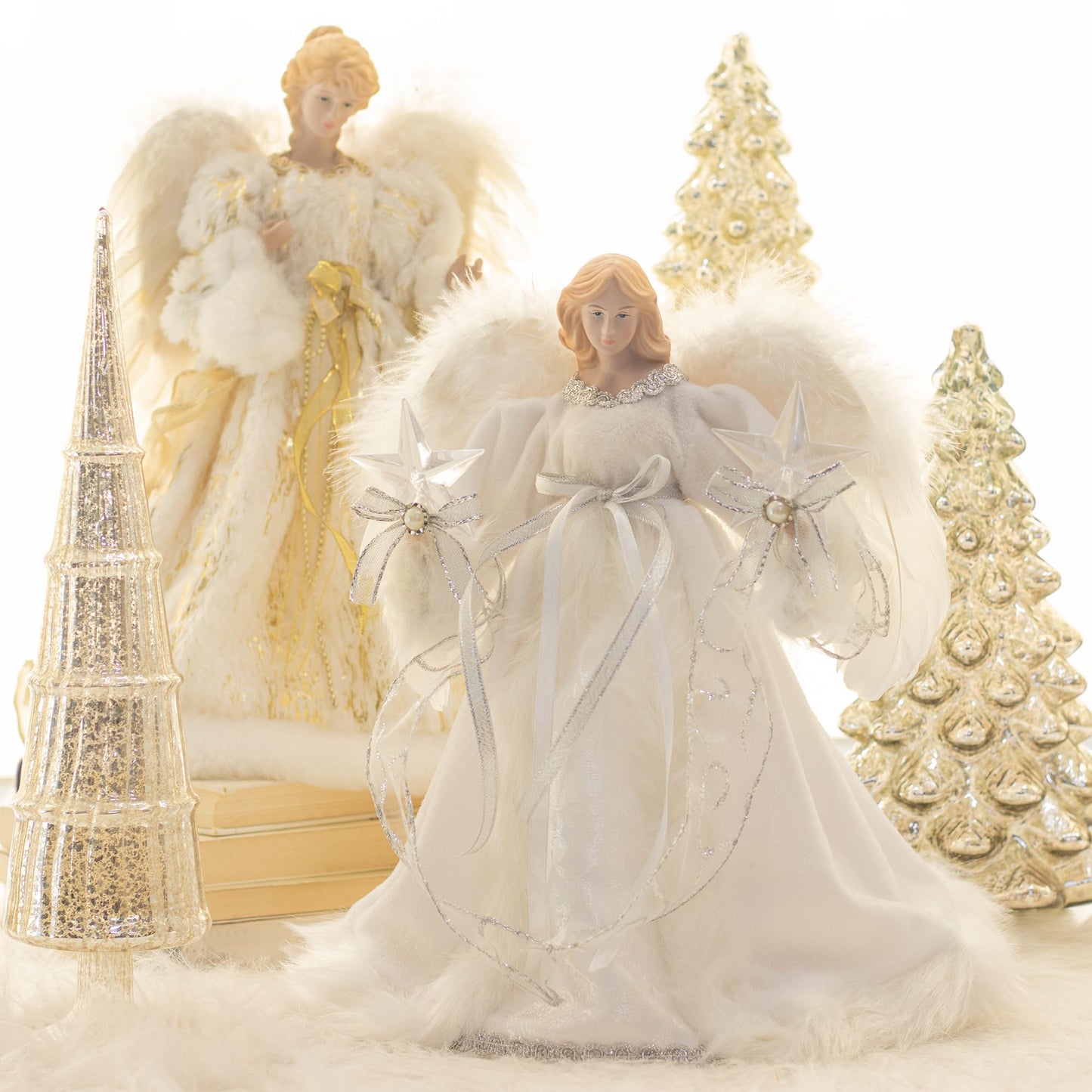 KI Store Lighted Christmas Angel Tree Topper with Timer 12-Inch White Angel Treetop Figurine for Christmas Tree Decoration