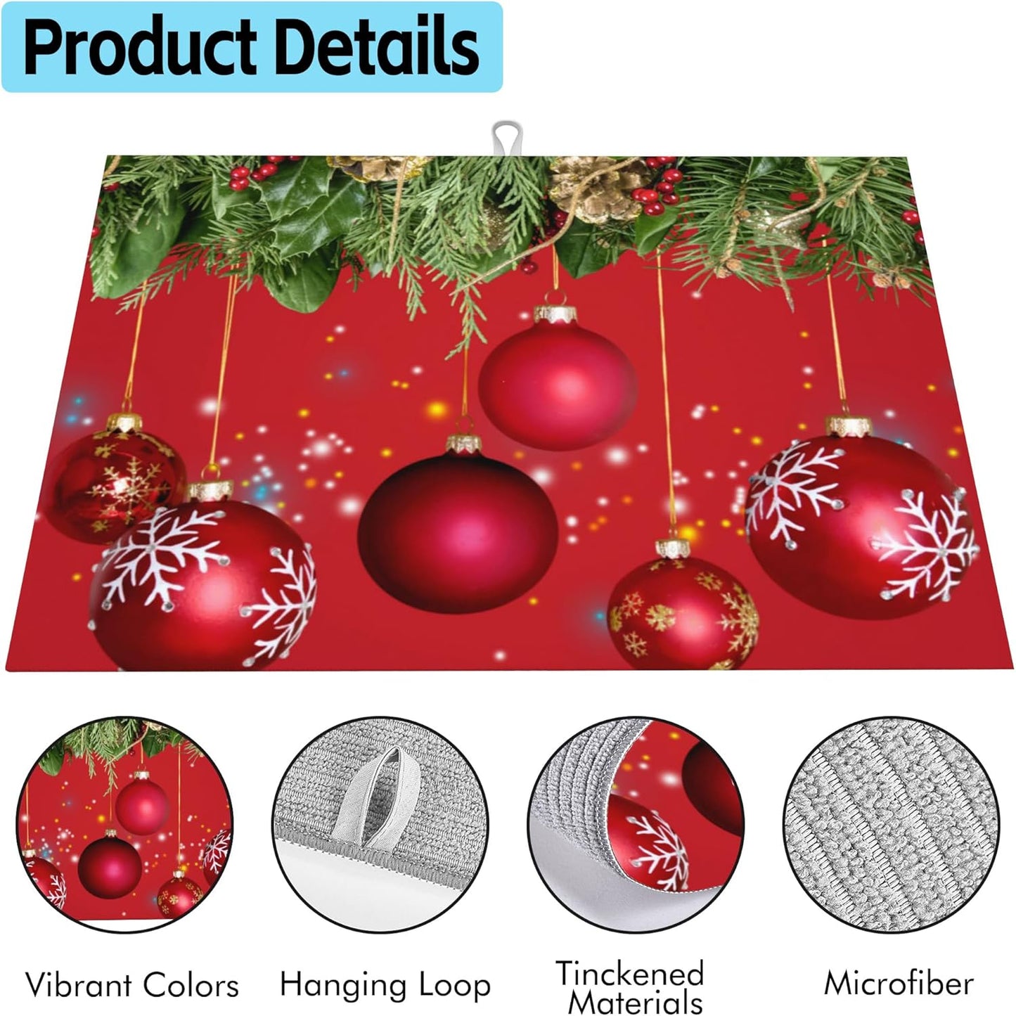 Large Dish Drying Mat for Kitchen Counter,Christmas Tree and Red Balls Dish Drying Mat,Merry Christmas Dish Drainer Mat Drying Pad Super Absorbent Reversible Microfiber for Kitchen Coffee Bar 18"X24"