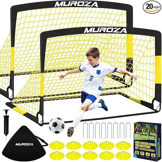 Soccer Goal, Kids Soccer Goals for Backyard Set, 2 Pack of Portable Pop Up Soccer Net with Soccer Ball, Cones, Complete Tr...