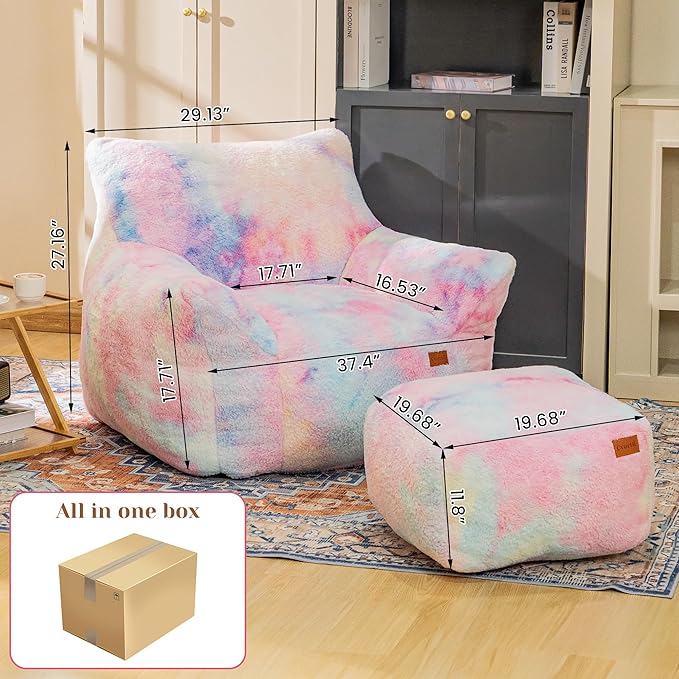 Cvortll Bean Bag Chair, Sherpa Accent Beanbag Chair and Ottoman Set, Fur Faux BeanBag Chair with Memory Foam Filled, Lazy Sofa Comfy Cozy BeanBag Chair for Dorm, Apartment, Living Room (Colorful)