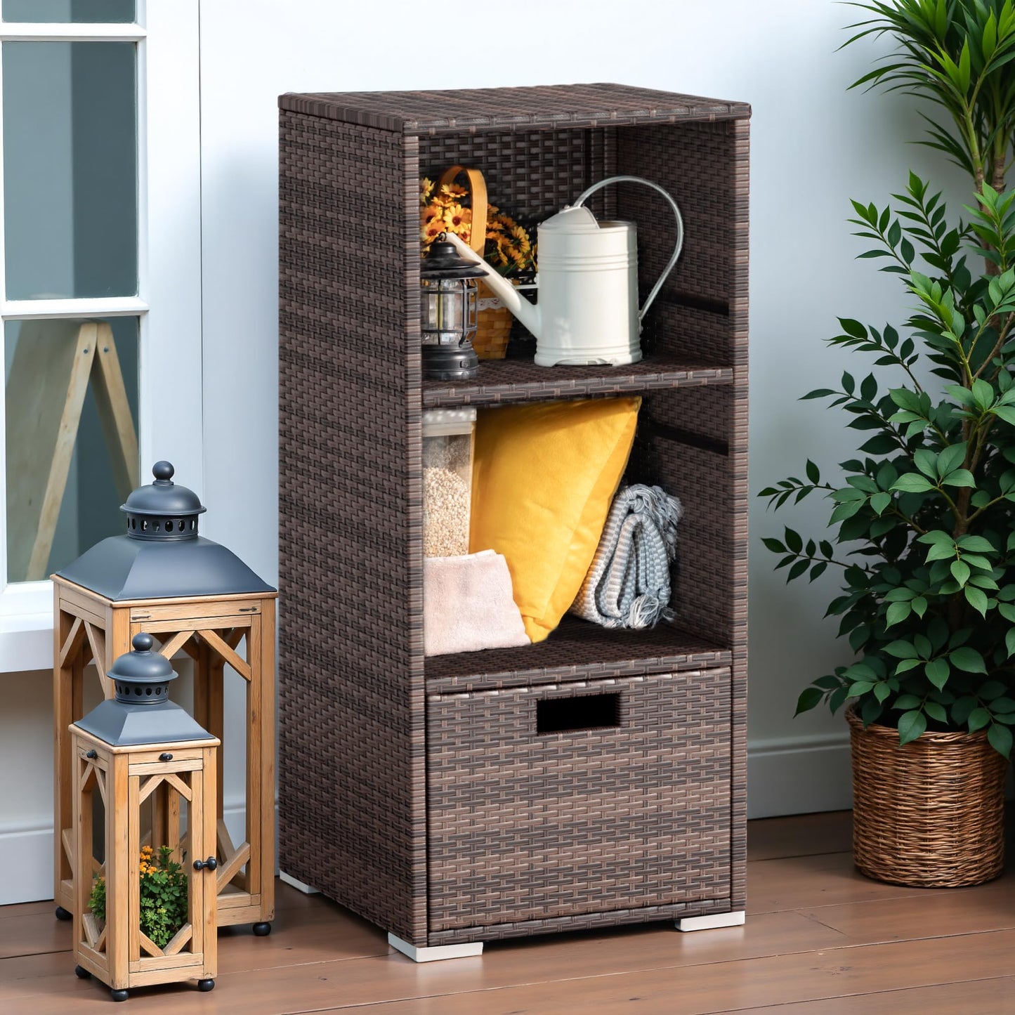 Greesum Rattan Storage Shed, Outdoor Towel Rack with 2 Storage Shelves & 1 Bottom Drawer, Suitable for Pool Patio Garden Deck, Brown