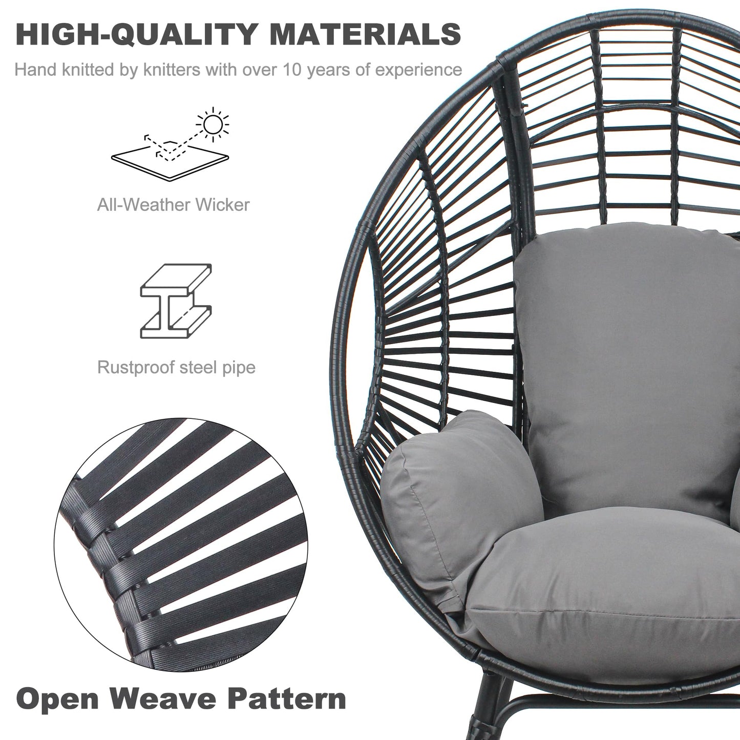 TQKVIPI Oversized Wicker Egg Chair, Outdoor Indoor Rattan Patio Egg Lounge Chairs with Cushion 500lbs Capacity for Living Room, Balcony, Backyard(Black)