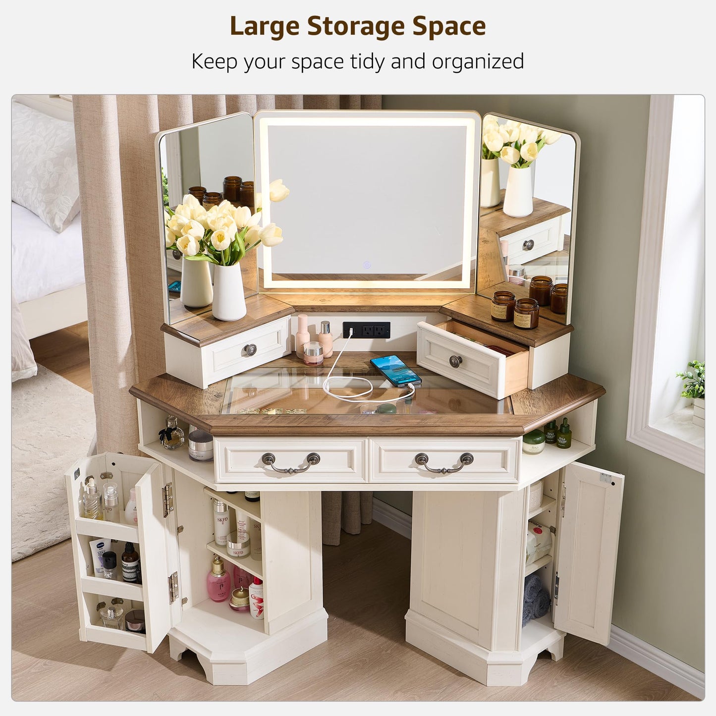 T4TREAM Makeup Vanity Desk 48" with 3 Way Mirror and Lights, Large Farmhouse Corner Vanity Dressing Table with Glass Top & Charging Station, 3 Drawers & 2 Storage Cabinets for Bedroom, Antique White