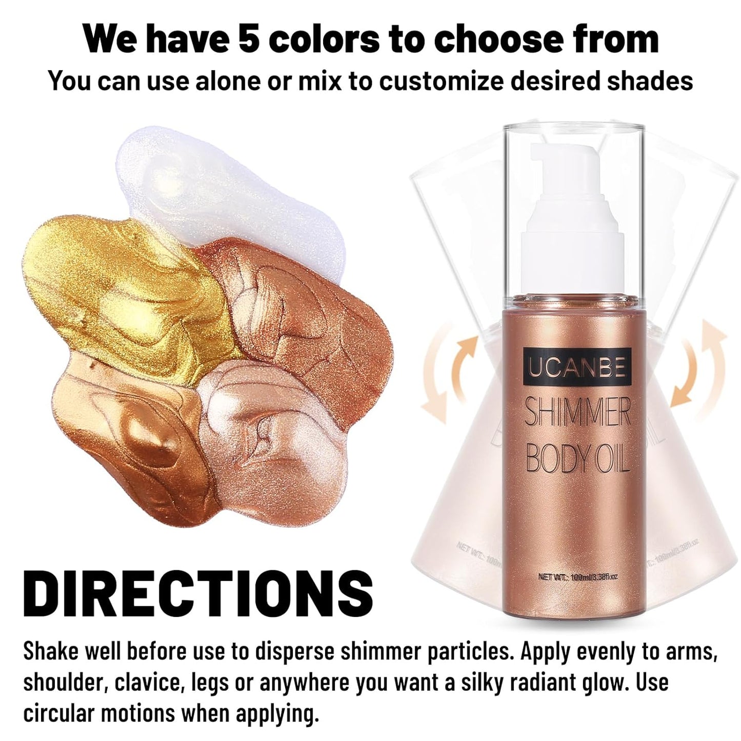 UCANBE Body Shimmer Oil - 100ml Moisturizing Glow Glitter Oil, Waterproof Shimmering Luminizer, Tinted Glowing Bronzer (Rose Gold)