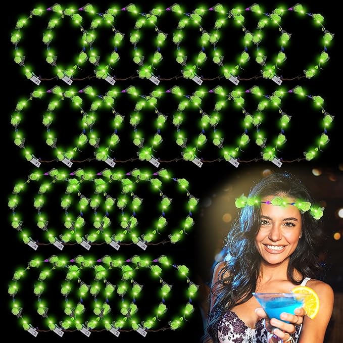YOFOBU 36PCS LED Flower Crown,Green Light Up Flower Headband for Women,Glow in The Dark Flower Wreath Crowns for Valentin...