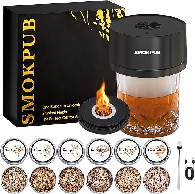 SMOKPUB Electric Whiskey Smoker Kit Built-in Lighter, No Butane Needed, Rechargeable Cocktail Smoker Kit with 6 Wood Chip...