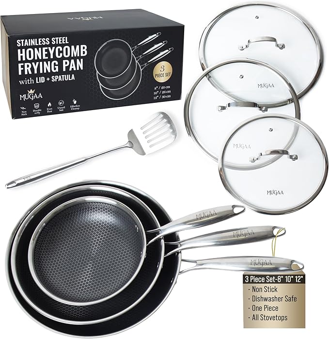 Stainless Steel Frying Pan Set, Sartenes de Acero Inoxidable 3-Piece Honeycomb Nonstick Skillets 8", 10", 12" With Lids, Spatula, Oven & Induction Compatible, Dishwasher Safe Pan Set