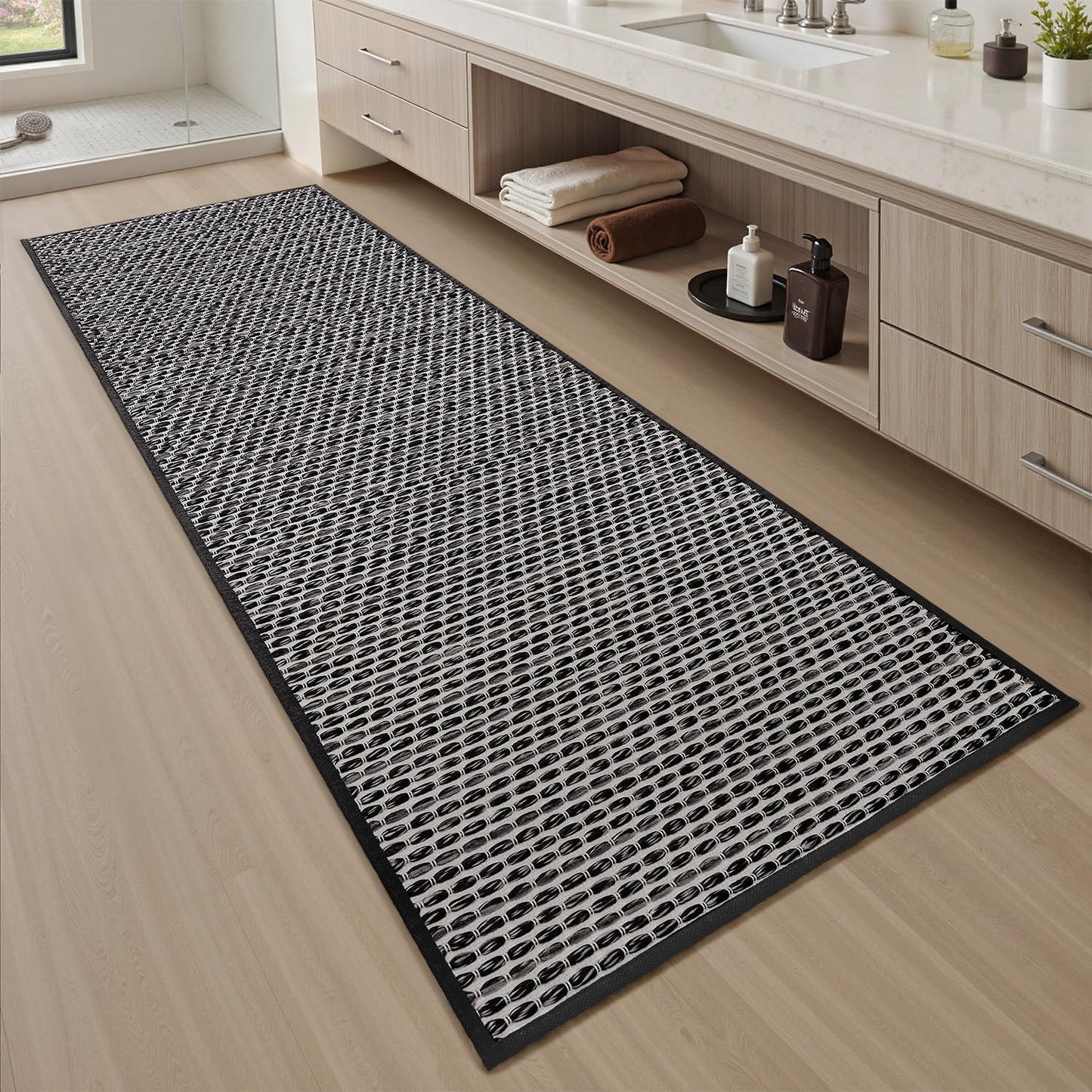 AMOAMI Unique Woven Bathroom Runner Rug, Super Absorbent Non Slip Bath Mats for Bathroom Textured Bathroom Mat Quick Dry Boho Rugs Runners for Hallyways Kitchen Bedroom Beside Tub, 2' x 6', Black