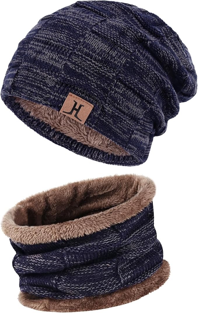 Mens Winter Beanie Hats Scarf Set Warm Knit Skull Cap Neck Warmer with Fleece Lined Winter Hat for Women