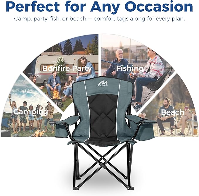 Matrasco Oversized Padded Camping Chair, Heavy-Duty Steel Frame for 450 lbs Supports, Convenient 6-Can Cooler, Portable Carry Bag, Perfect for Outdoor, Beach, and Hiking (Gray & Black)