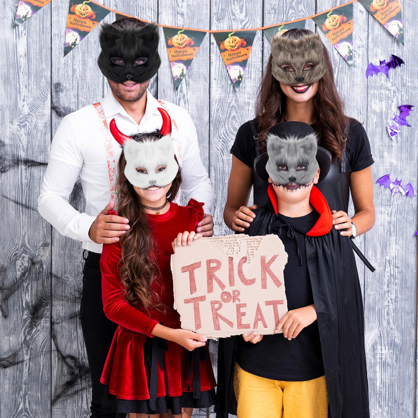 TherianMask Tail Set Furry Cat Fox Mask With Therian Paws Kit - Halloween Costume for Adults (Black)