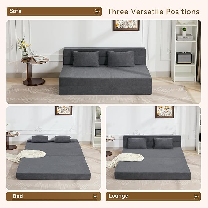 WUTUTUEE Folding Sofa Bed Convertible Floor Couch Foldable Chair Bed with Pillow，Linen Sleeper Chair Futon,Foldable Memory Foam Mattress for Bedroom/Living Room/Dorm/Office (Dark Grey, Queen)