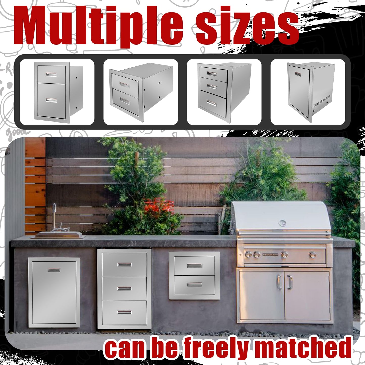Fsehyue Outdoor Kitchen Triple Layer Drawer 16'' W x 21.6'' H x 18'' D Flush Mount BBQ Access Drawers Stainless Steel BBQ Island Drawers with Handle Suitable for Outdoor Kitchen Island Grill Station