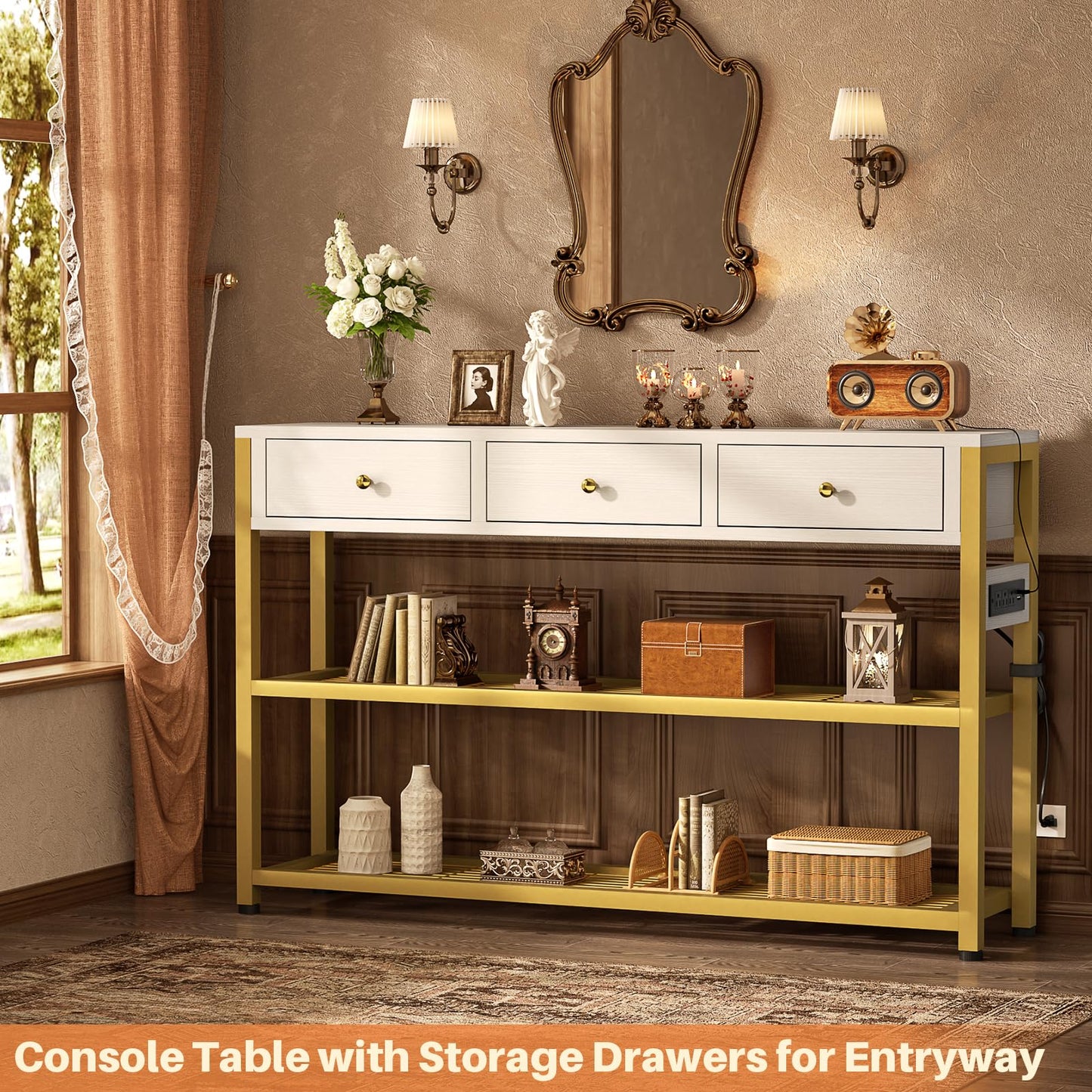 Ecoprsio 47'' Entryway Table with Outlets and USB Ports, Console Table with 3 Drawers, Sofa Table Narrow Long with Storage Shelves for Living Room, Couch, Hallway, Foyer, White and Golden
