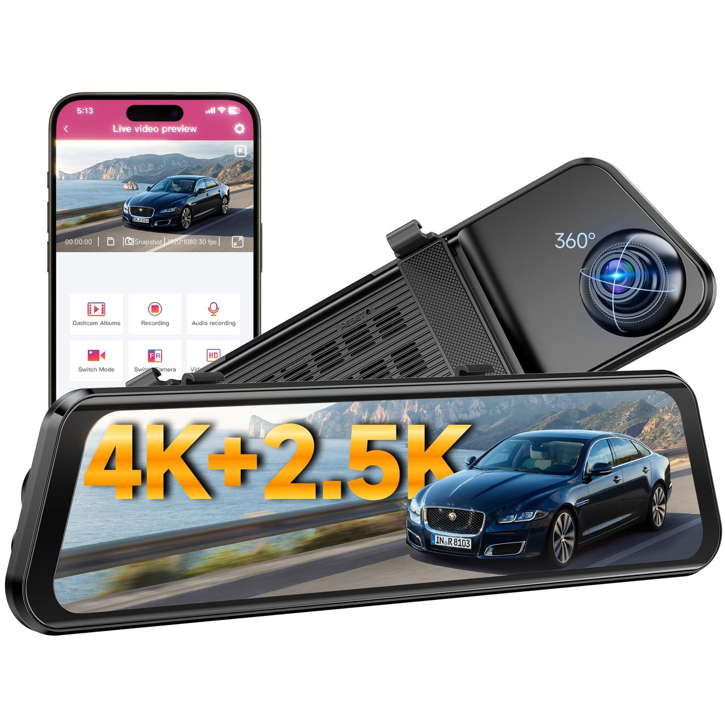 Ombar 4K+2.5K Rear View Mirror Camera With Adas Bsd And Lca, 12 Smart Mirror Dash Cam With 5.8Ghz Wifi, Rearview Mirror Camera W