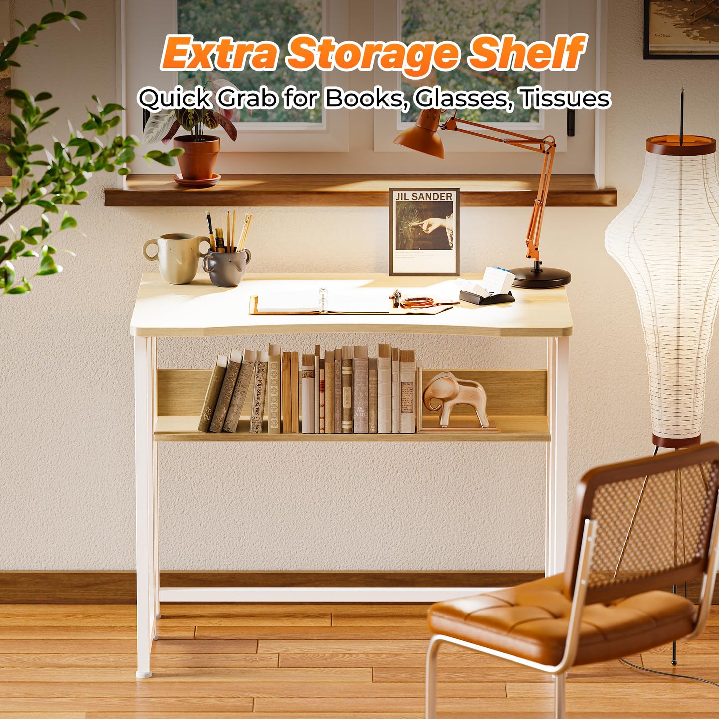 Huuger Folding Desk with Storage Shelf, 31.5 Inch Foldable Computer Table for Small Spaces, Space Saving Sofa Table for Couch, Writing Work Office Computer Desk, Easy to Fold, Oak