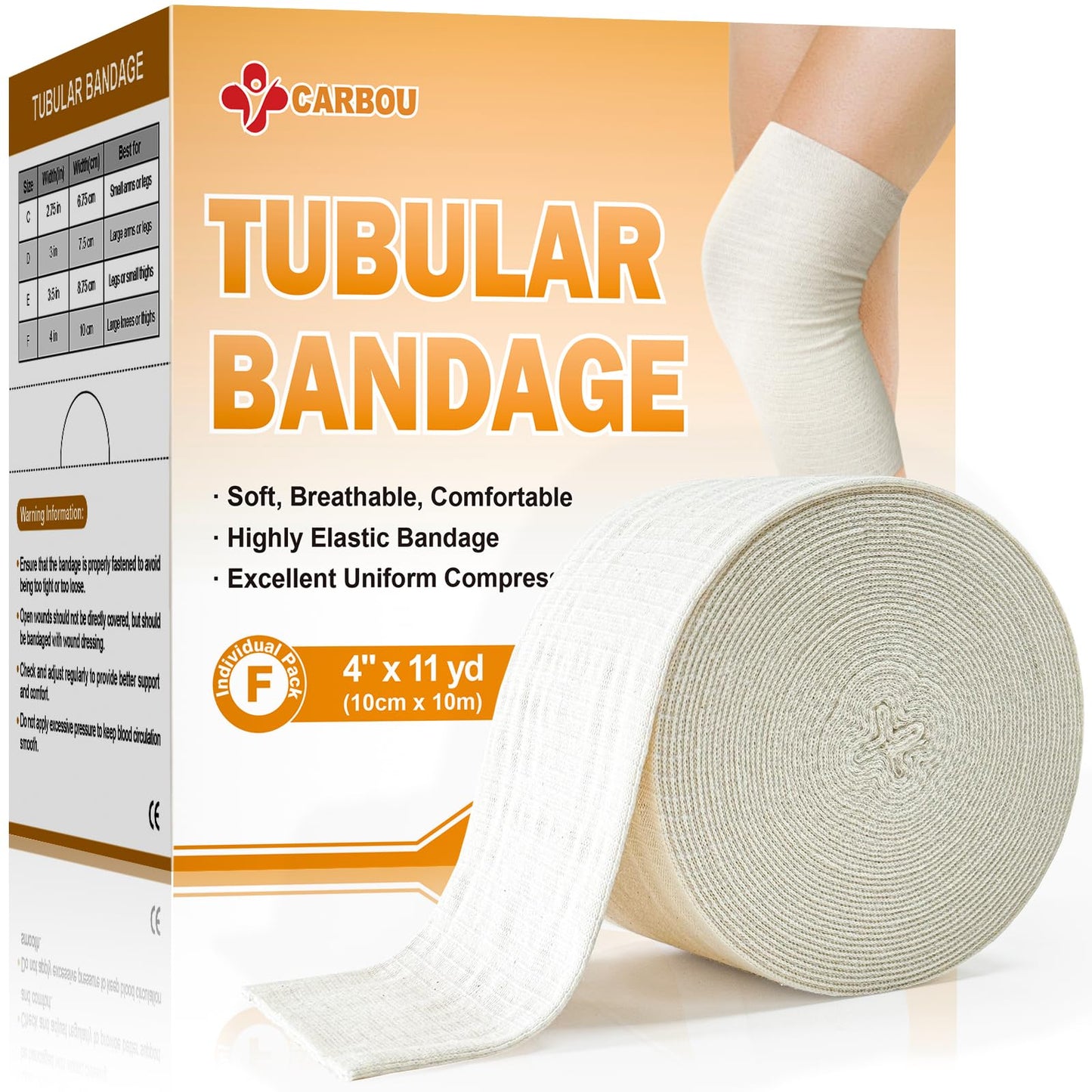 Carbou Elasticated Tubular Support Bandage 4" x 11 yd (Size F), Soft Stockinette Tubing for Legs, Arms, Knees, Thighs, Reusable Compression Support Bandage Roll for Joint Tissue