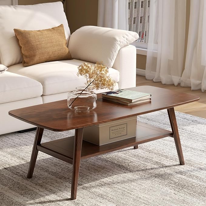 Wayshome 100% Solid Oak Wood Coffee Table with Storage Shelf, 2-Tier Rectangle Coffee Table for Living Room, Modern Center Table for Living Room (Walnut Colour, 47.24" W x22.05 D x 17.32" H)