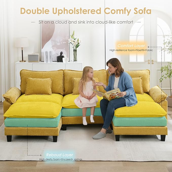 URRED Cloud Couch Modular Sectional Sofa, 122" Modern U Shaped Deep Seat Sofa with 2 Ottomans & Pillows, Ultra Comfy Chenille Couches for Living Room, Bedroom or Apartment, Yellow