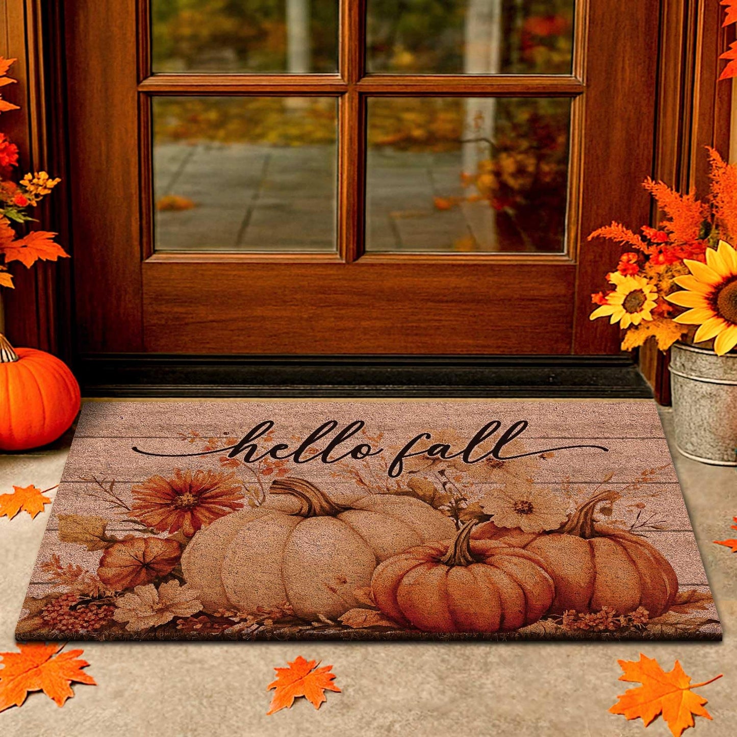 Lanpn Fall Welcome Natural Coir Door Mat, Hello Fall Harvest Pumpkin Coco Front Door Outdoor Doormat Outside Entrance Porch Non Slip Rubber Rug Autumn Halloween Thanksgiving Farmhouse Decor 30x17 inch