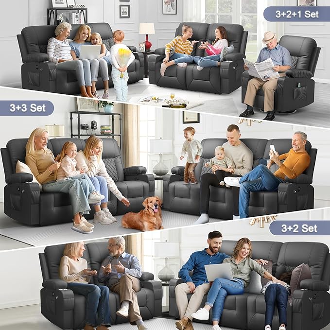 FURNIMAT Oversized Recliner Sofa Set with 3+3 Pieces in Living Room, PU Leather Reclining Couch, Modern Recliner Chair for Living Room, with Cup Holder and 2 Cell Phone Holder, USB Ports, Gray