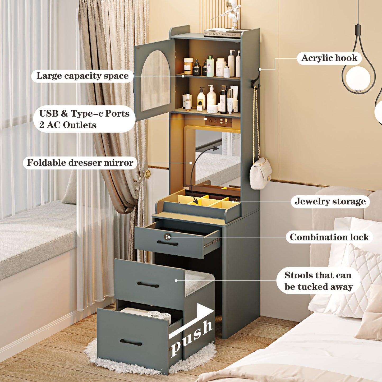 Makeup Vanity with Mirror and Lights, Vanity Desk with Drawers and Shelves, Makeup Desk with Storage Stool, Compact Vanity Table with Charging Station for Small Space, Grey