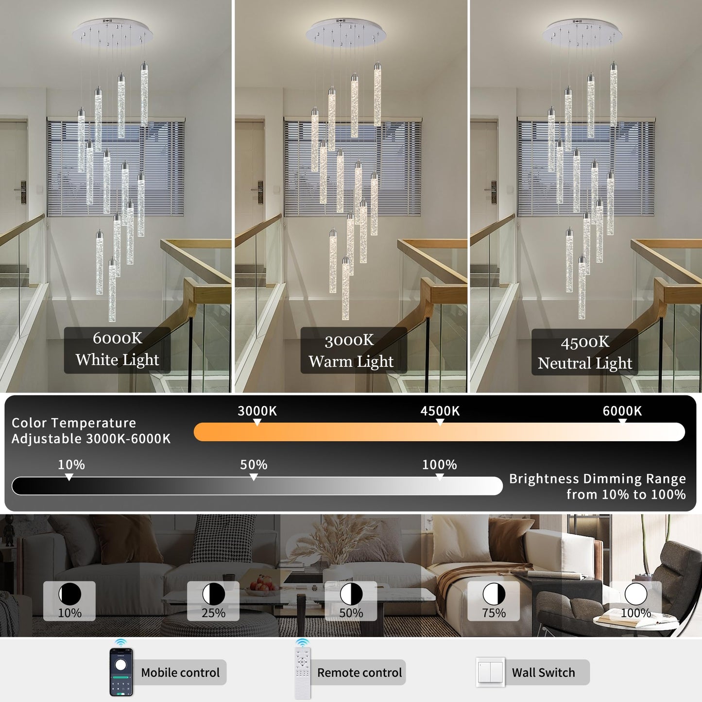 YwueChwu 12-Lights High Ceiling Crystal Staircase Chandelier Chrome, Modern Spiral Raindrop Dimmable LED Bubble Cluster Ceiling Hanging Lighting Fixture for Foyer Living Room Entrance Remote Control